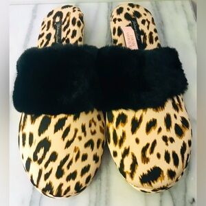 Victoria’s Secret Leopard Black Fur Trim Bedroom Slippers Slides Size L